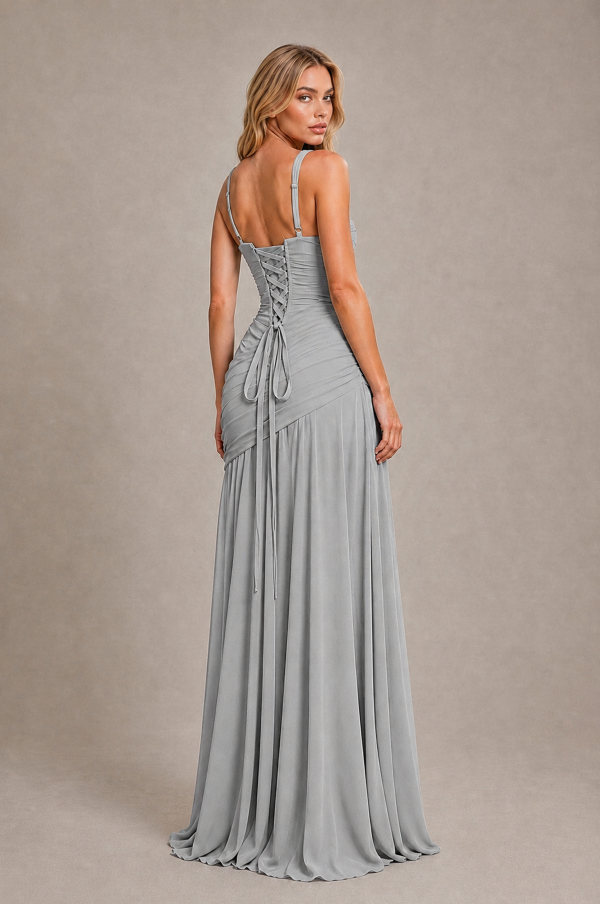 BOLODOO Silver Spaghetti Strap Ruched Maxi Dress – Formal Evening Gown with Slit - Silver - Silver_2