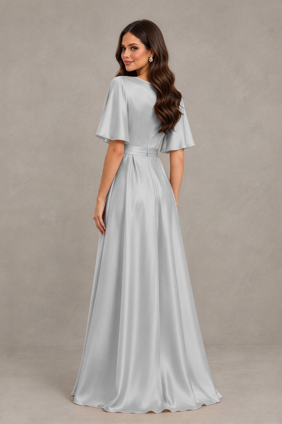 BOLODOO Silver Satin V-Neck Flutter Sleeve Bridesmaid Dress with Slit - Silver - Silver(2)