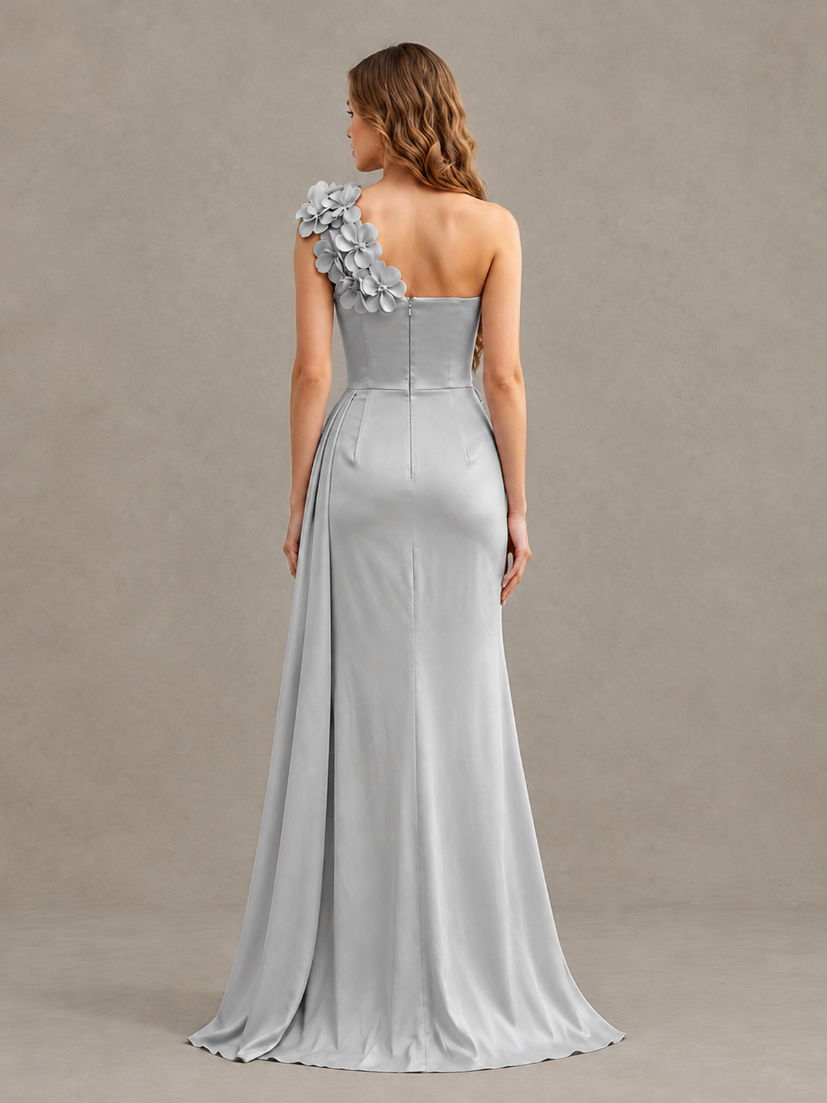 BOLODOO Silver One-Shoulder Satin Mermaid Evening Gown with 3D Floral Appliqué - Silver - Silver_2