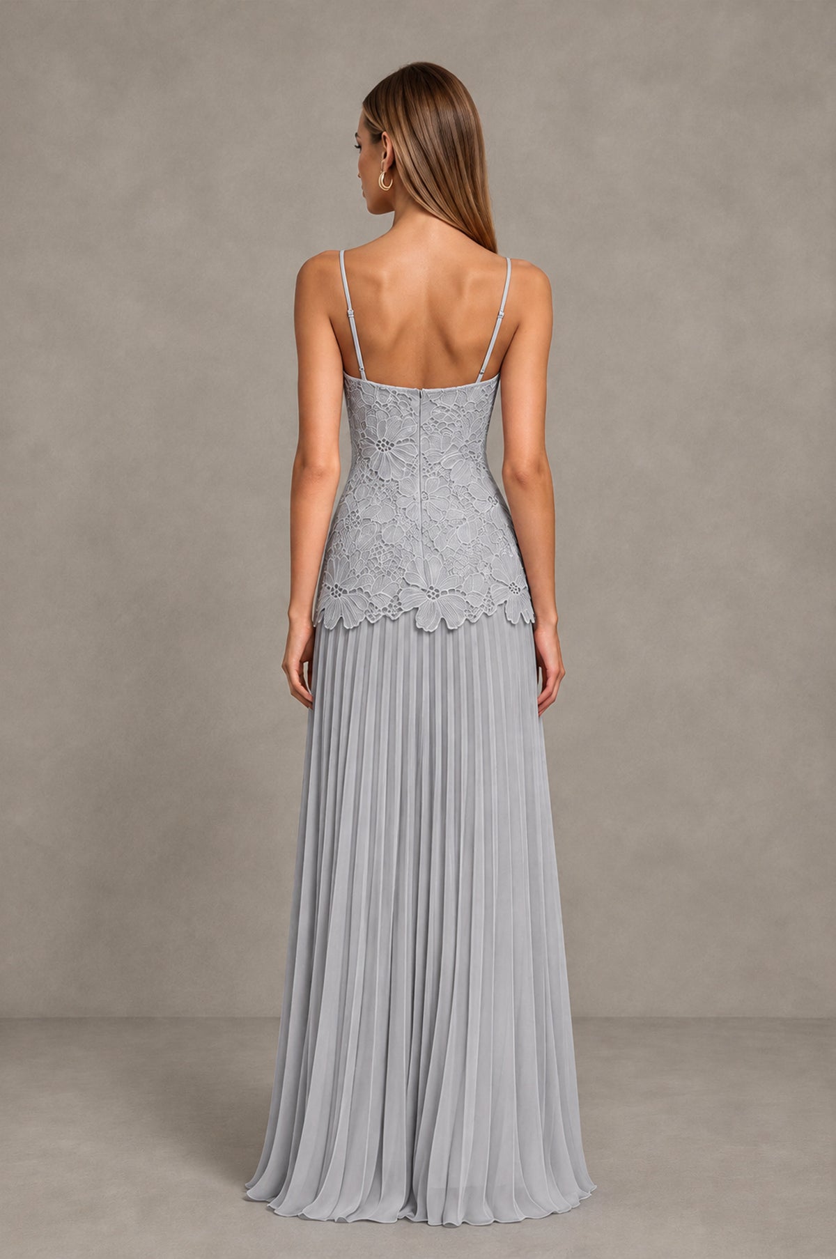 BOLODOO Silver Lace Bodice Pleated Wedding Guest Dress - Silver - Silver_2