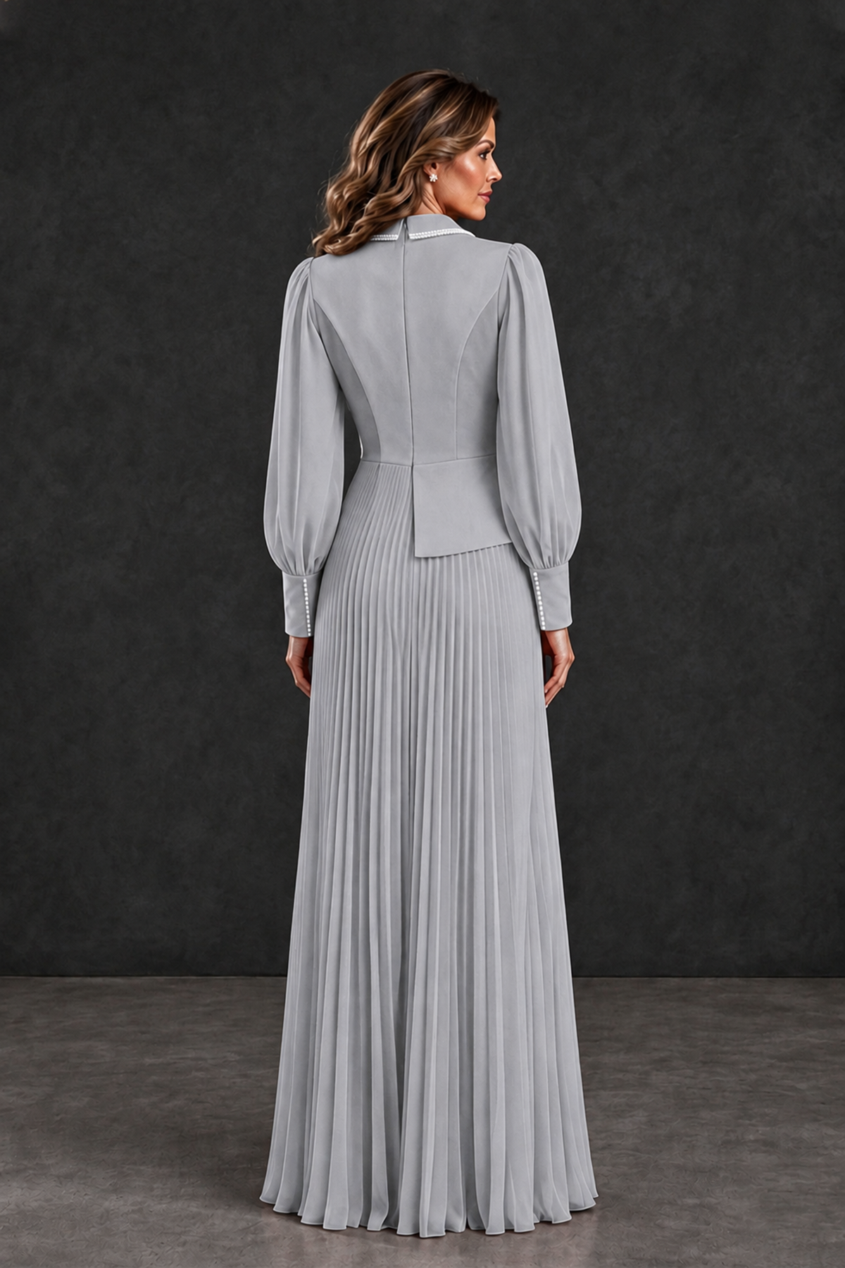 BOLODOO Silver Long Sleeve Pleated Mother of the Bride Dress - Silver - Silver_2