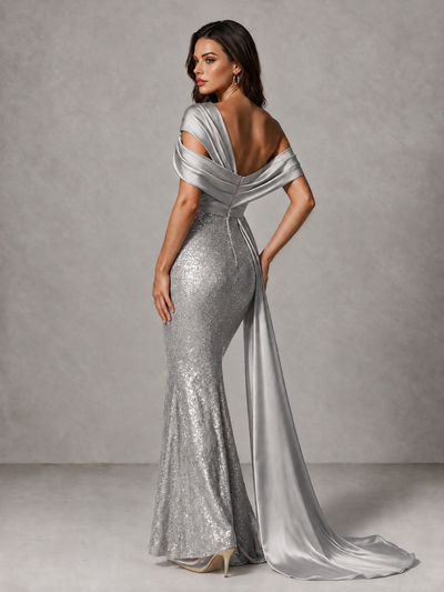 BOLODOO Silver Sequin Mermaid Evening Dress with Off-Shoulder Satin Drape and Sweep Train - Silver - Silver_2