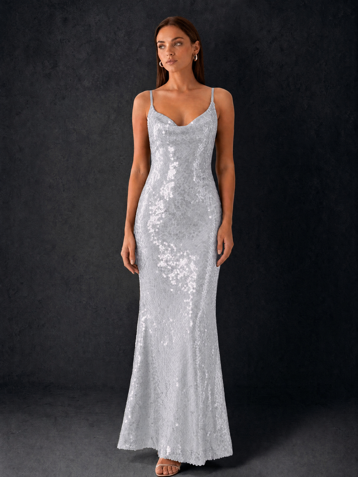 BOLODOO Bronze Sequin Cowl Neck Spaghetti Strap Mermaid Maxi Dress with Open Criss-Cross Back - Silver - Silver