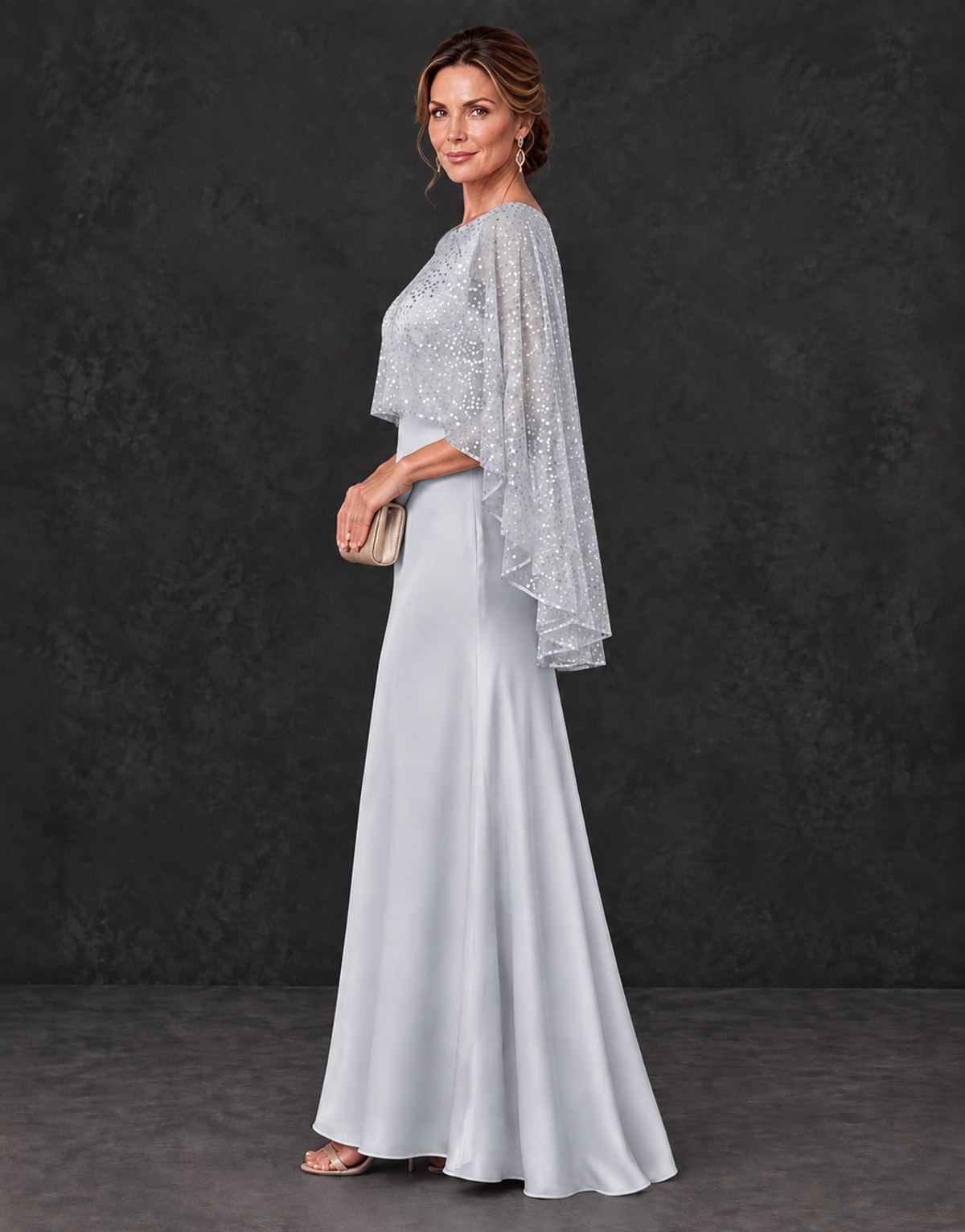 BOLODOO Silver Sparkle Cape Sleeve Mother of the Bride Dress - Silver - Silver_3