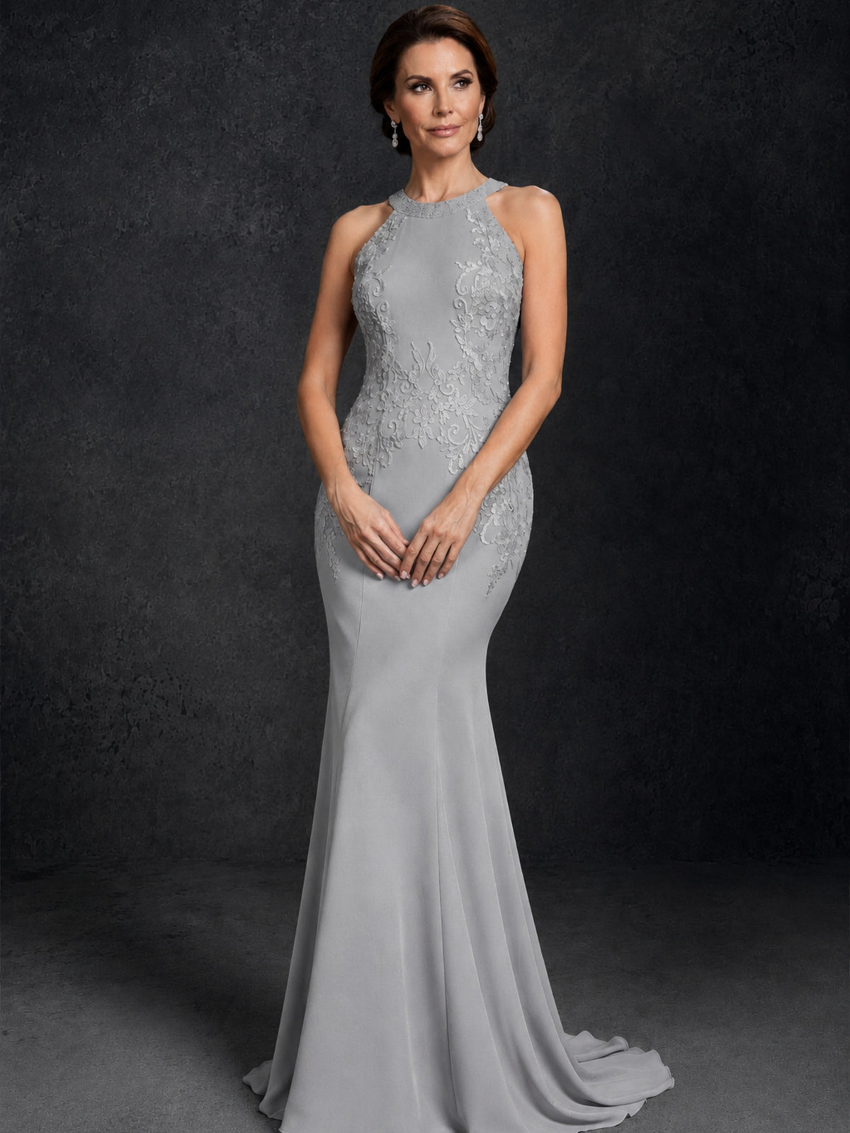 BOLODOO Silver Lace Applique Halter Neck Sheer Back Mermaid Maxi Dress with Sweep Train - Silver