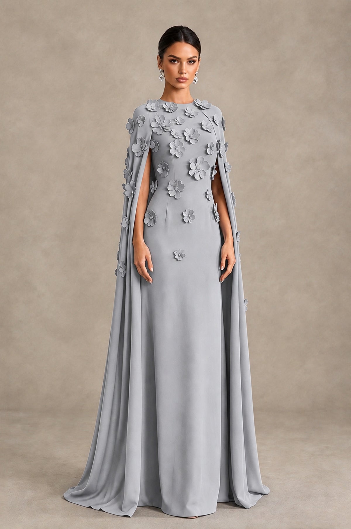 BOLODOO Silver 3D Floral Applique Cape Formal Dress - Silver - Silver_3