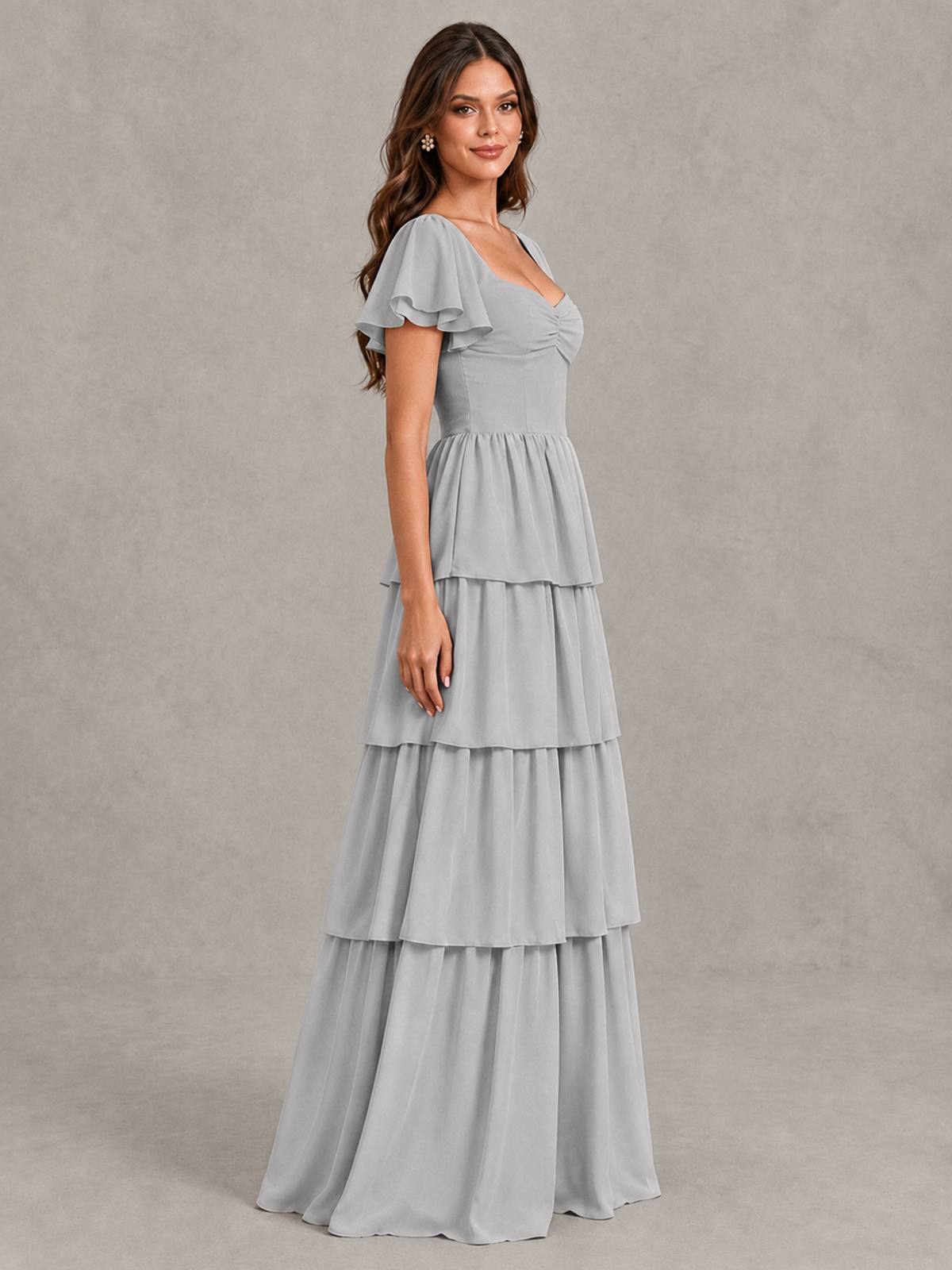 BOLODOO Silver Flutter Sleeve Tiered Maxi Bridesmaid Dress - Silver - Silver_3