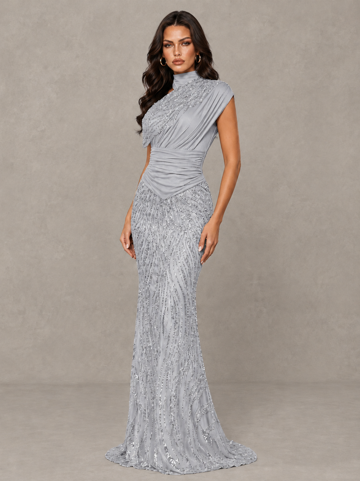 BOLODOO Silver High Neck Draped Sequin Mermaid Evening Gown - Silver - Silver_3
