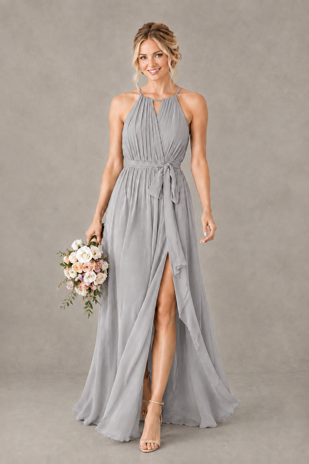 BOLODOO Silver Halter Chiffon Bridesmaid Dress with High Slit - Silver