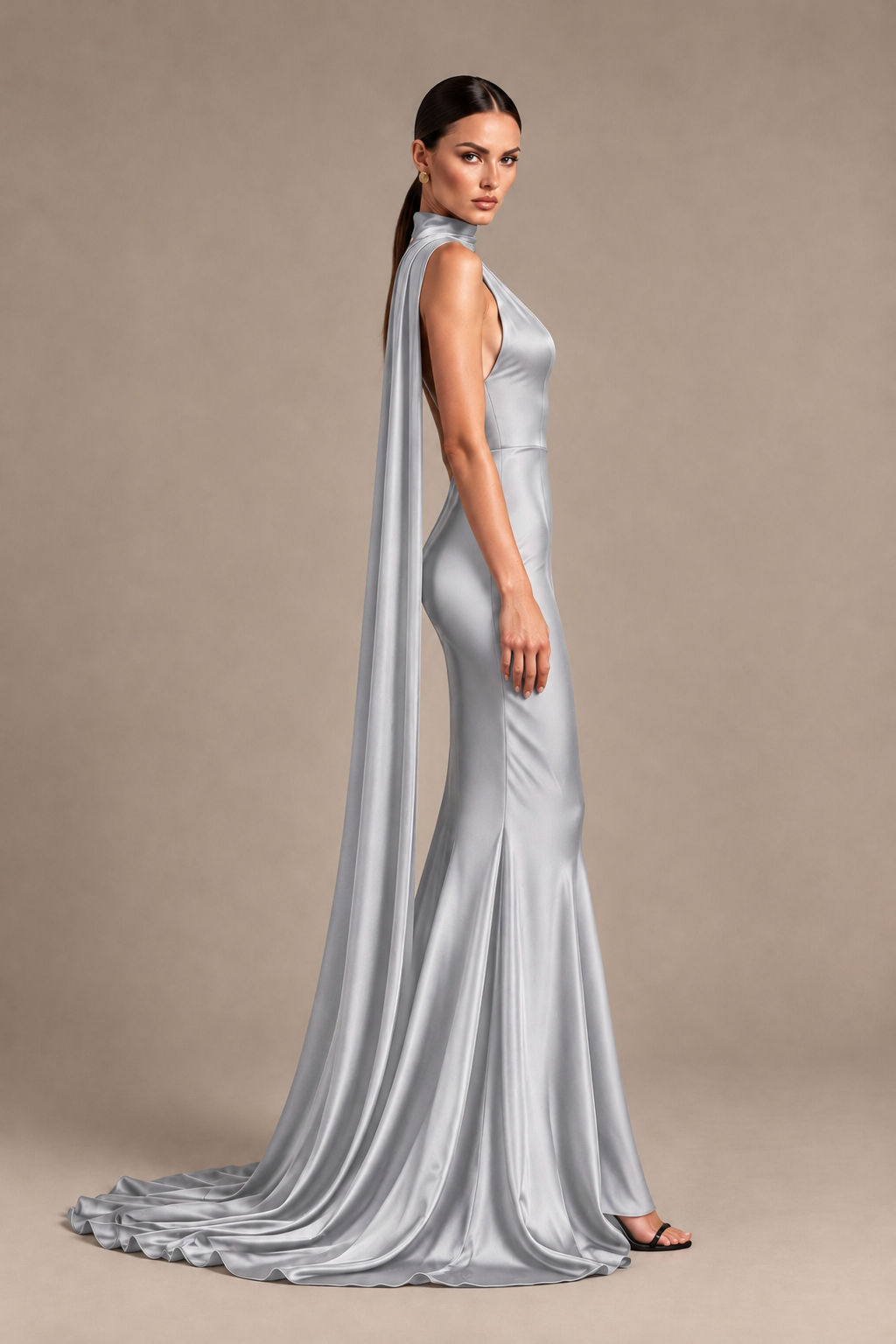 BOLODOO Silver One-Shoulder Satin Mermaid Evening Dress with Scarf - Silver - Silver_3