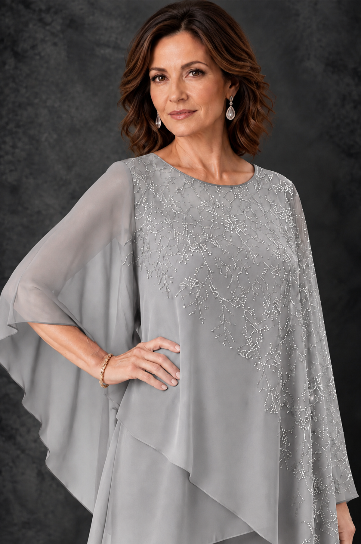 BOLODOO Silver Embellished Cape Pant Suit for Mother of the Bride - Silver - Silver_3