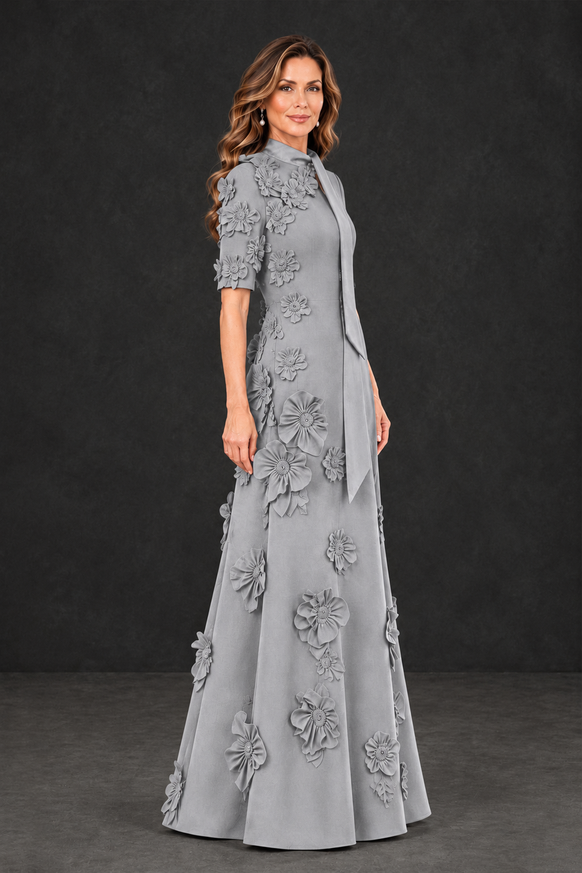 BOLODOO Silver Floral Applique High-Neck Half-Sleeve Gown - Silver - Silver_3