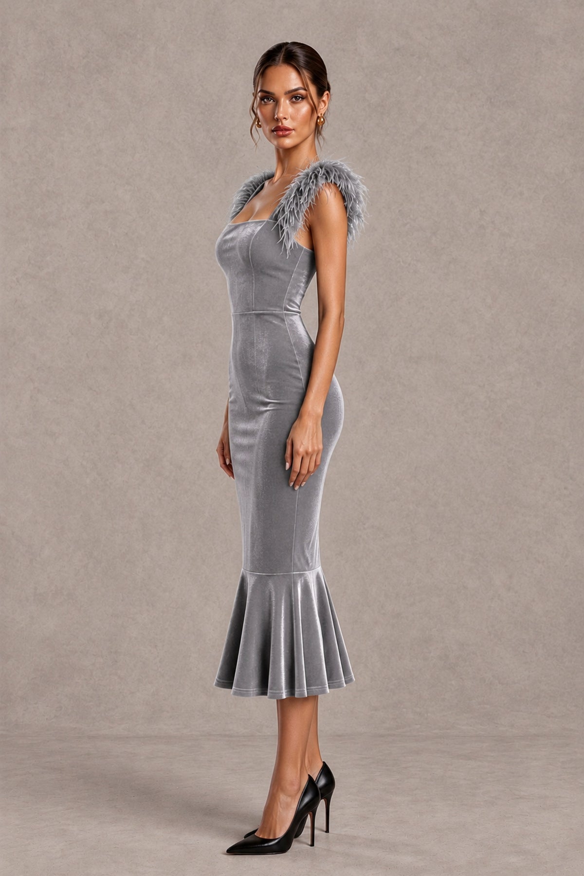 BOLODOO Silver Feather-Trim Velvet-Look Mermaid Midi Dress - Silver - Silver_3