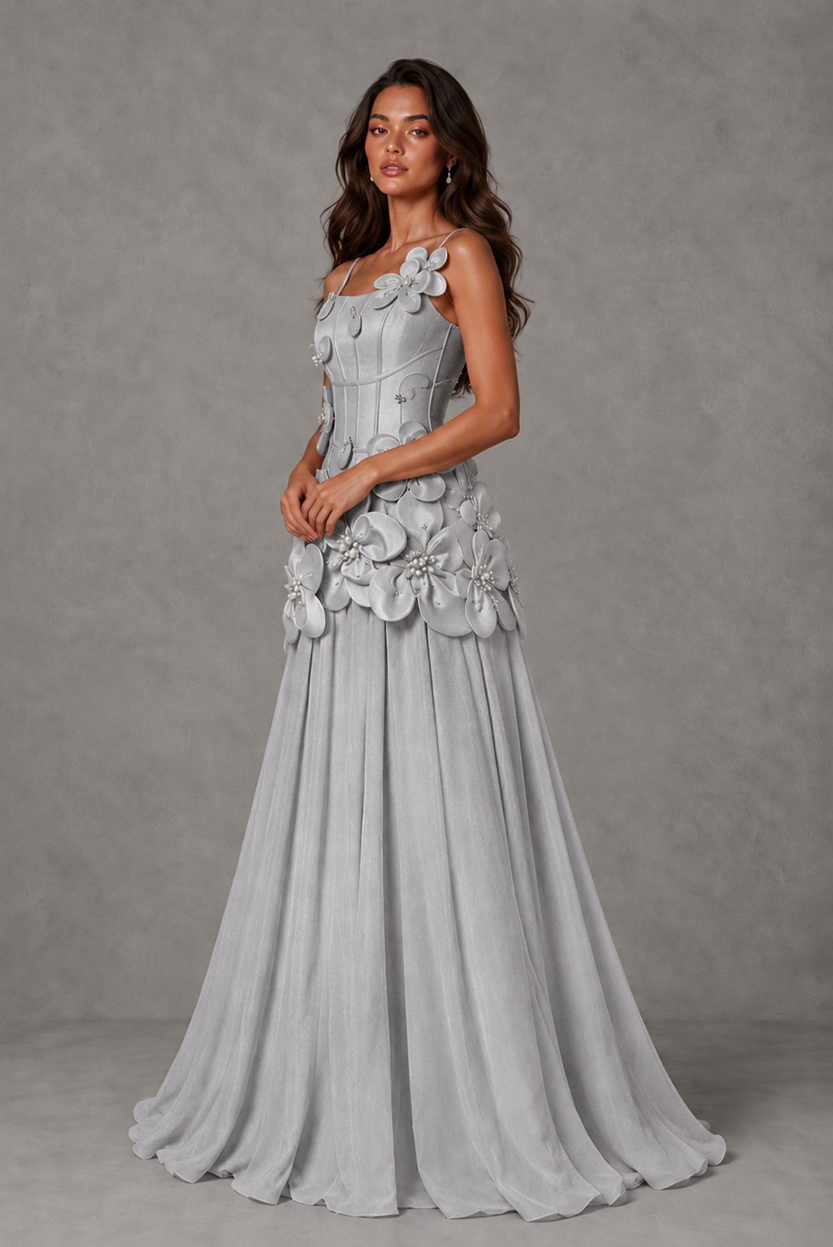 BOLODOO Silver 3D Floral Appliqué Floor-Length A-Line Evening Gown - Silver