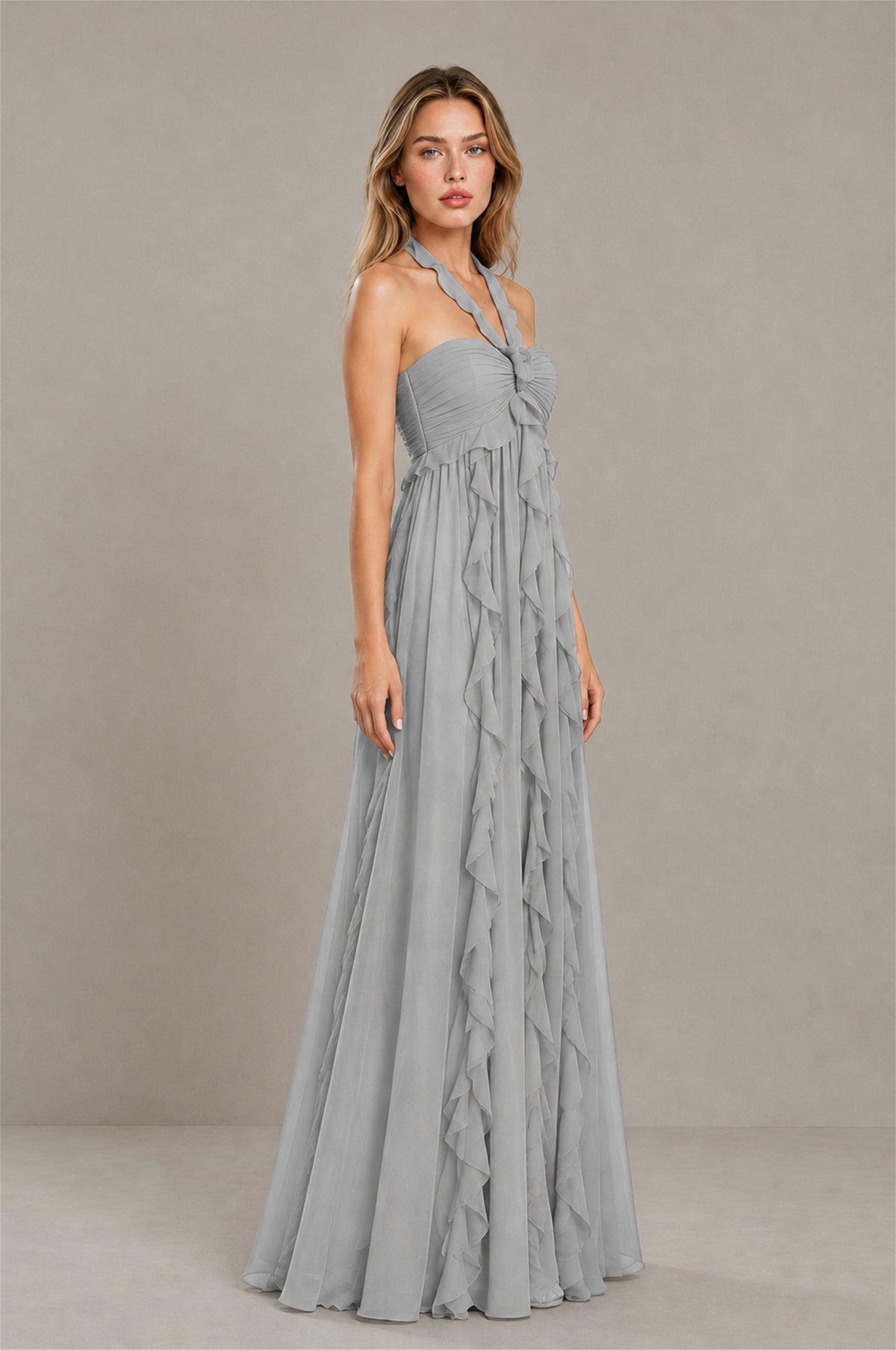 BOLODOO Silver Halter Ruffle A-Line Floor-Length Evening Dress - Silver - Silver_3