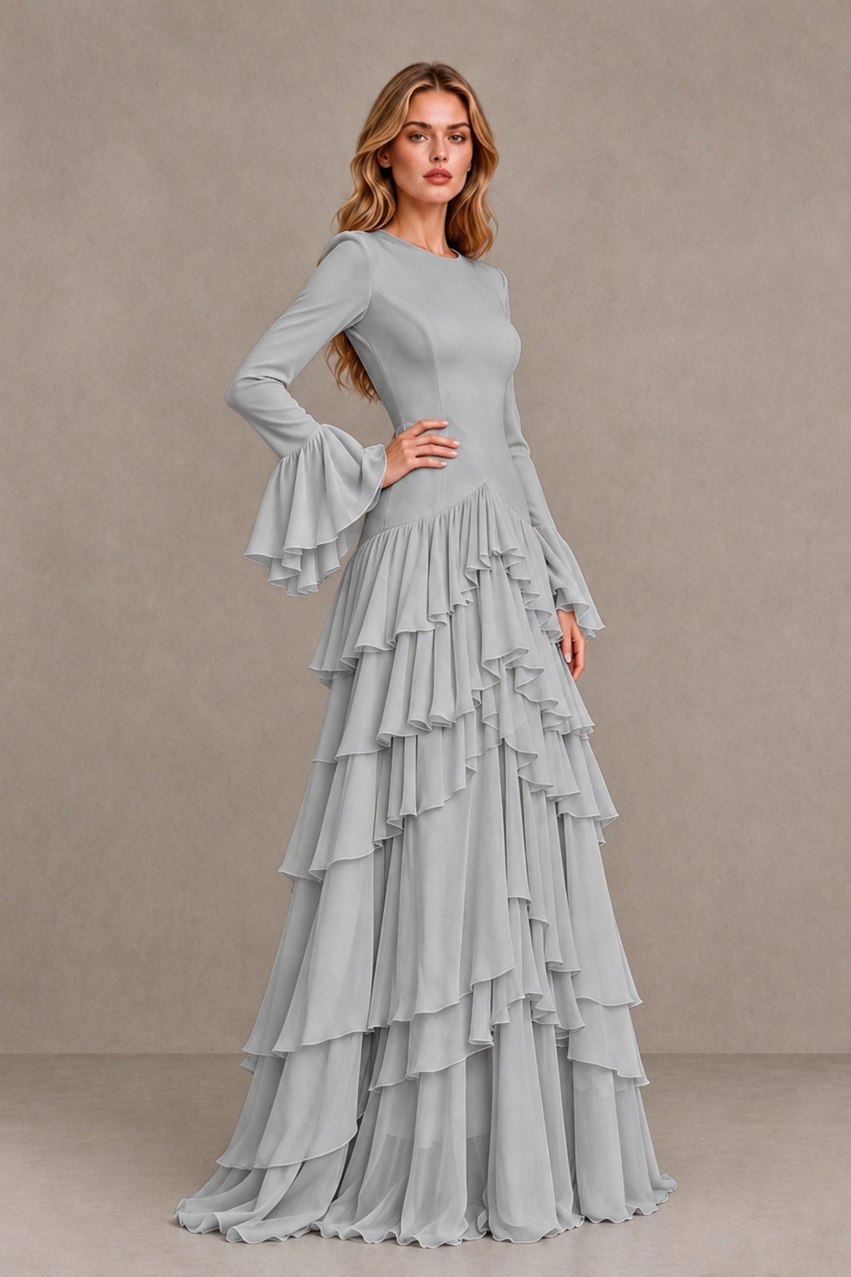 Silver Long Sleeve Tiered Ruffle Evening Gown - Silver - Silver_3