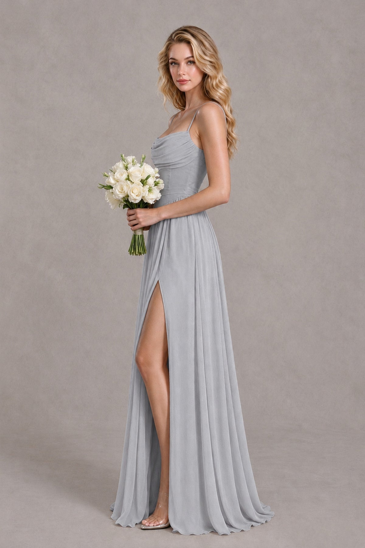 BOLODOO Silver Spaghetti Strap A-Line Bridesmaid Dress with Slit - Silver - Silver_3