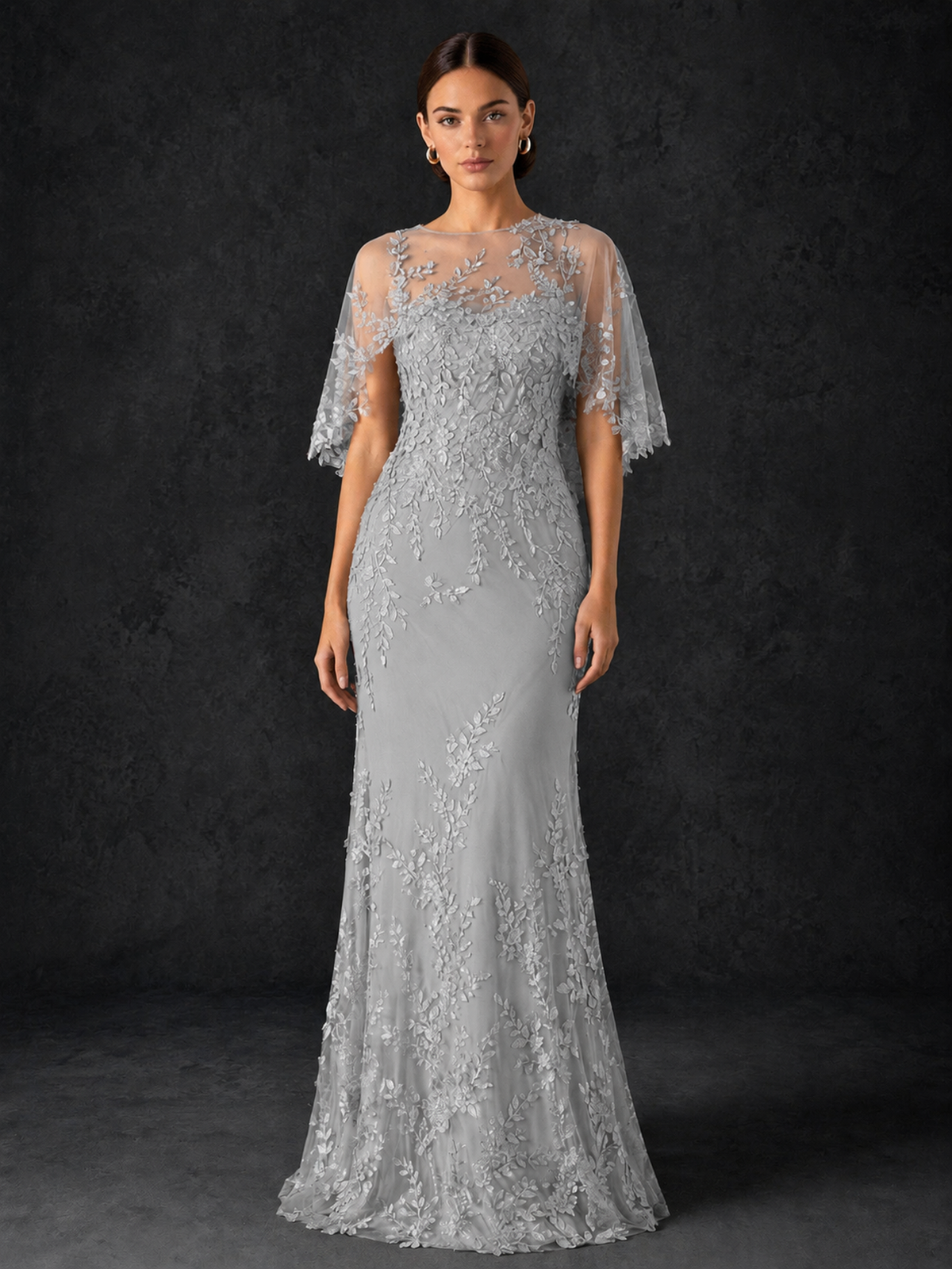 BOLODOO Mocha Silver Botanical Lace Flutter Sleeve Mermaid Gown - Silver