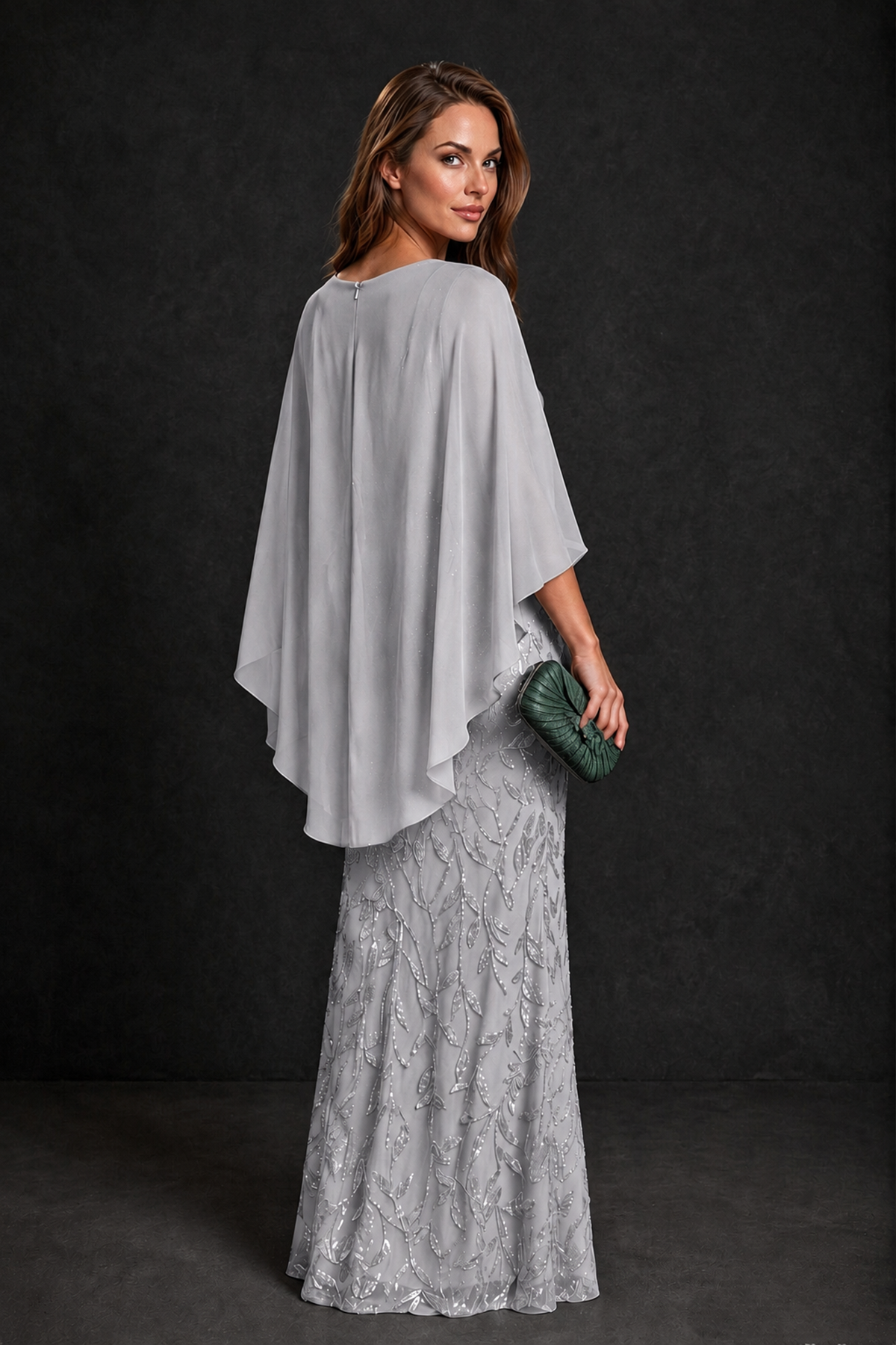 BOLODOO Silver Round Neck Chiffon Cape Overlay Sequin Lace Mermaid Maxi Dress - Silver - Silver_3