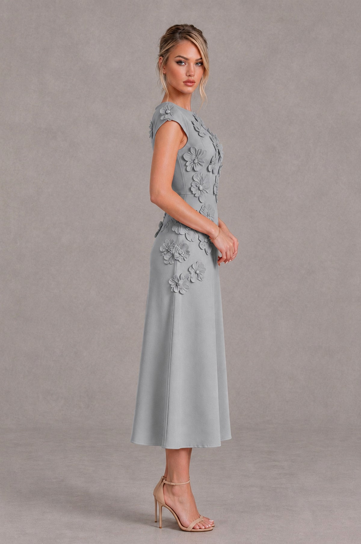 BOLODOO Silver 3D Floral Cap Sleeve Midi Cocktail Dress - Silver - Silver_3