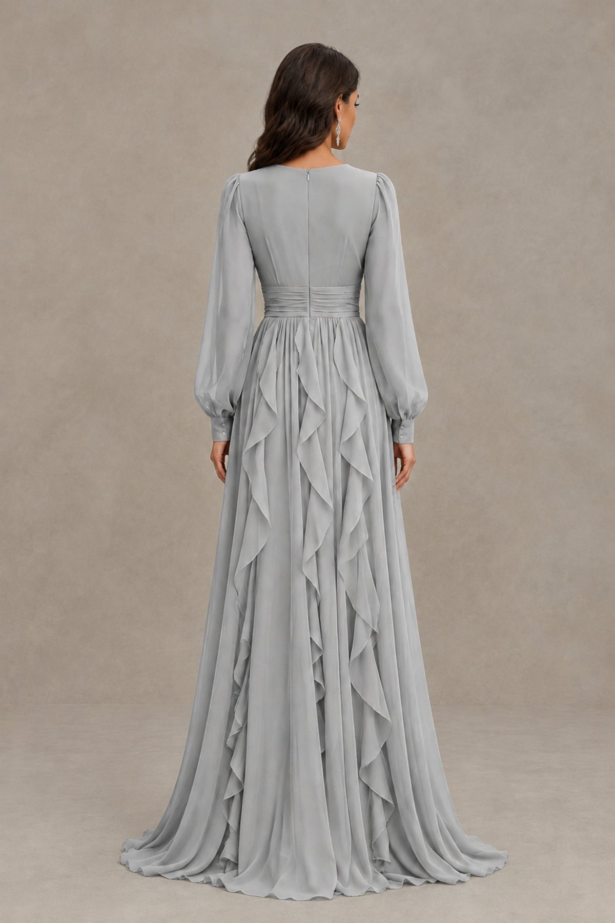 BOLODOO Silver Long Sleeve V-Neck Ruffle Maxi Dress - Silver