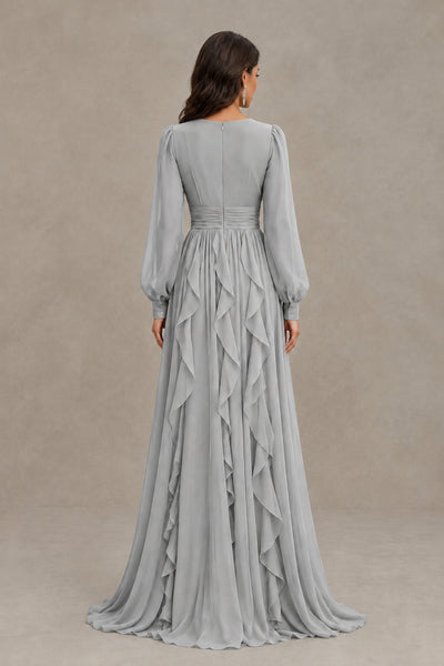 BOLODOO Silver Long Sleeve V-Neck Ruffle Maxi Dress - Silver