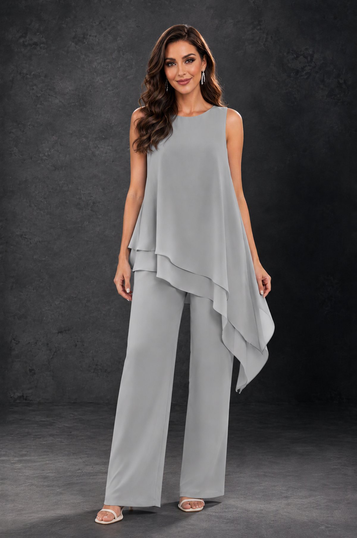 BOLODOO Silver Layered Mother of the Bride Pantsuit with Jacket - Silver - Silver_3