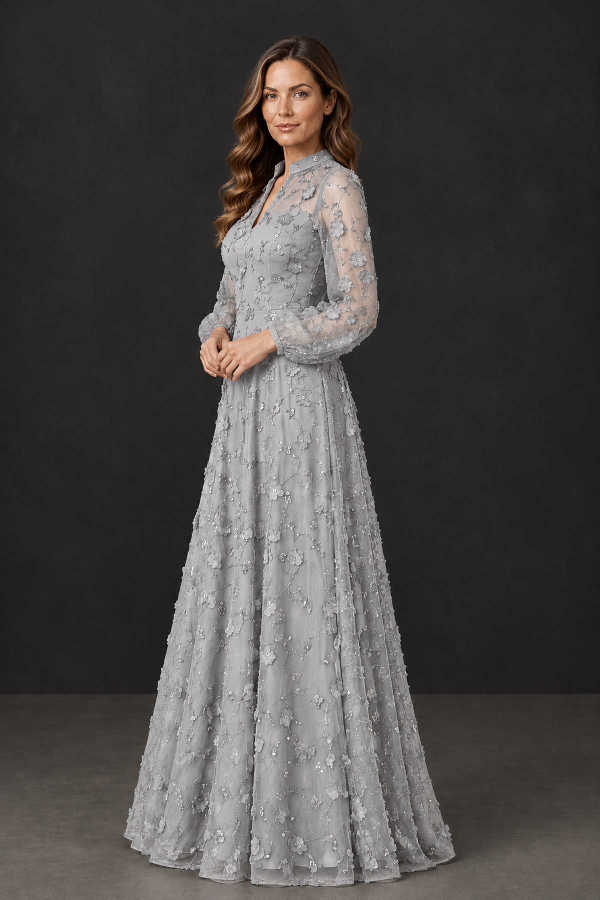 BOLODOO Silver Long Sleeve Floral Mother of the Bride Dress - Silver - Silver_3