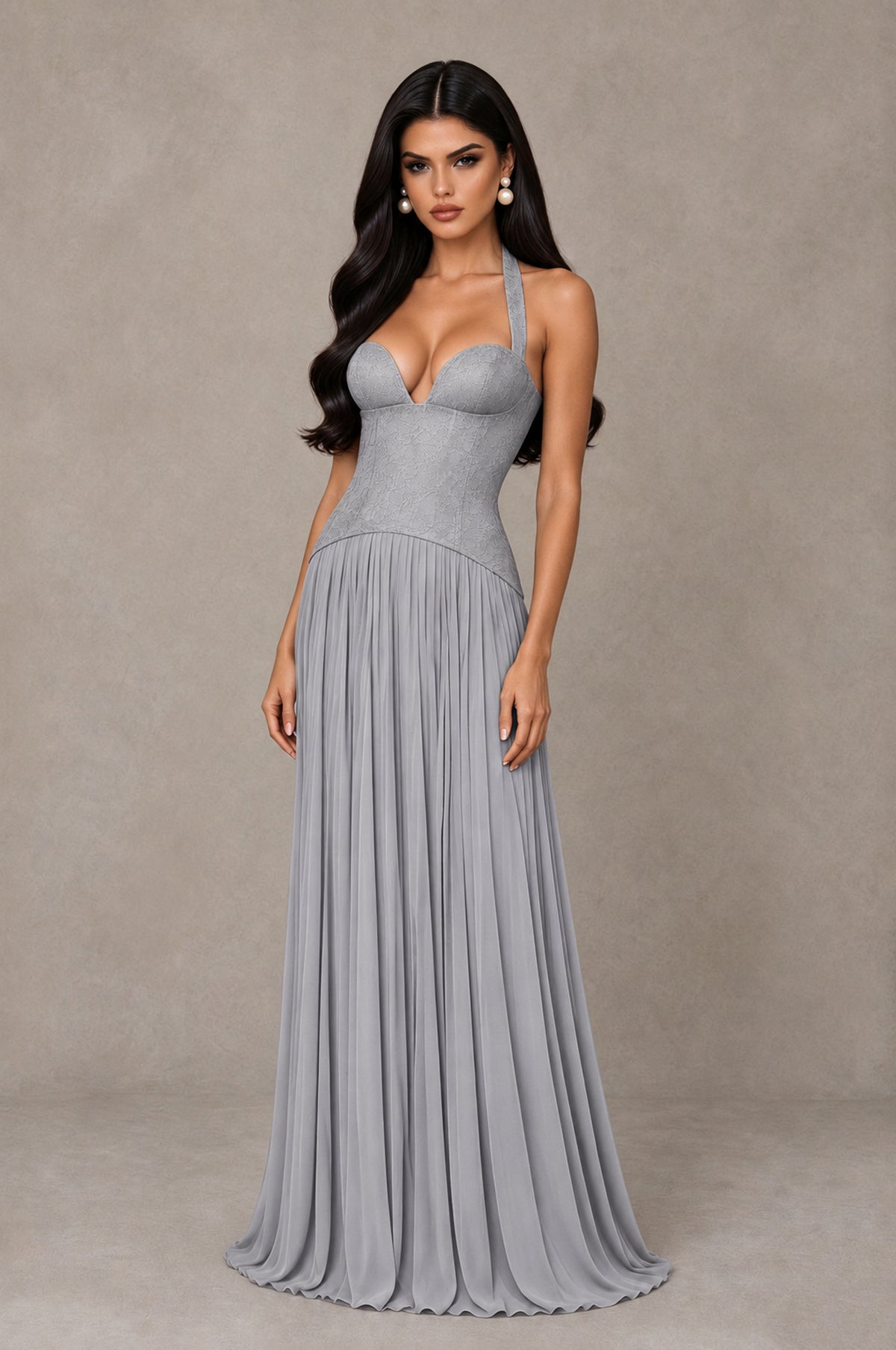 BOLODOO Silver Halter Corset Pleated A-Line Evening Dress - Silver - Silver_3