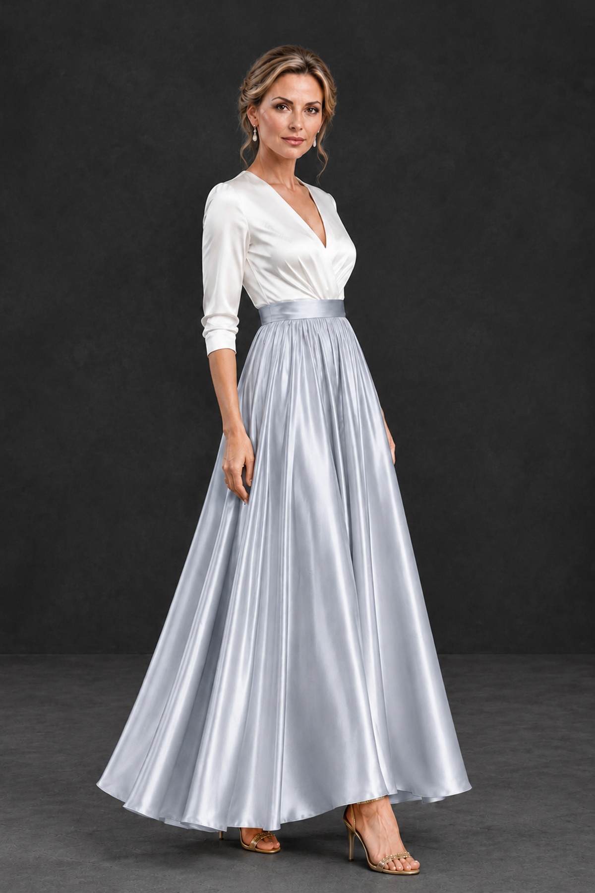 BOLODOO Silver and White V-Neck A-Line Mother of the Bride Dress - Silver - Silver_3