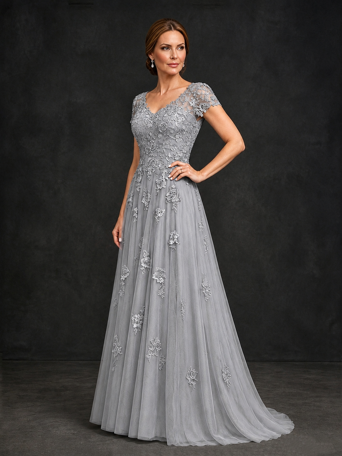 BOLODOO Silver Cap Sleeve Lace Appliqué A-Line Formal Gown | Mother of the Bride Dress - Silver - Silver_3