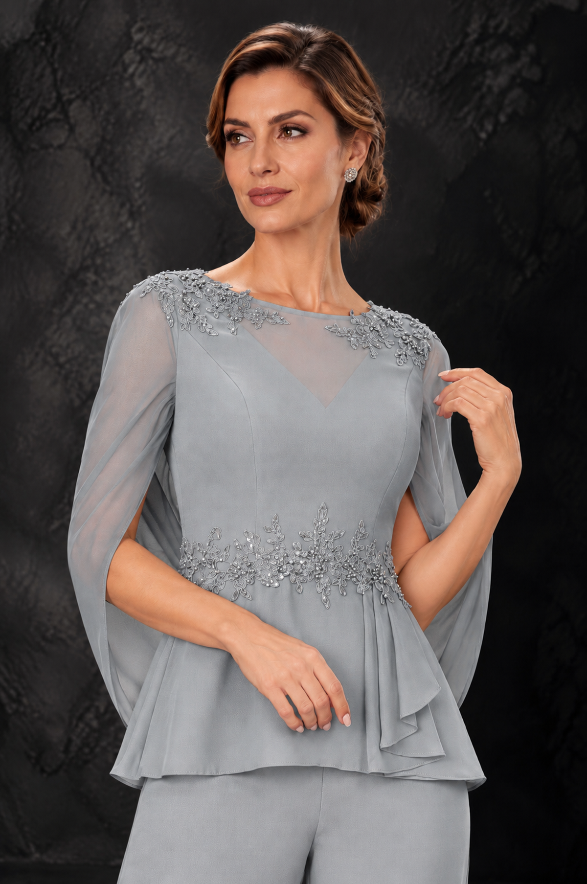 BOLODOO Silver Embellished Cape Sleeve Mother of the Bride Pantsuit - Silver - Silver_3