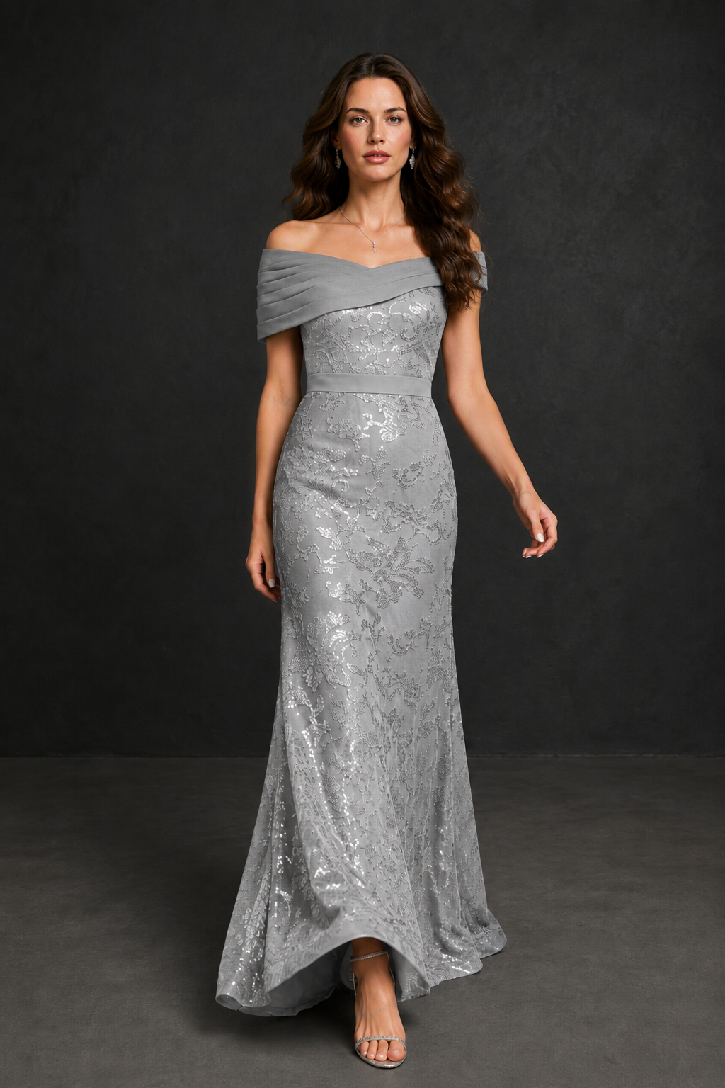 BOLODOO Silver Off-Shoulder Sequin Lace Mermaid Evening Gown | Mother of the Bride Formal Dress - Silver