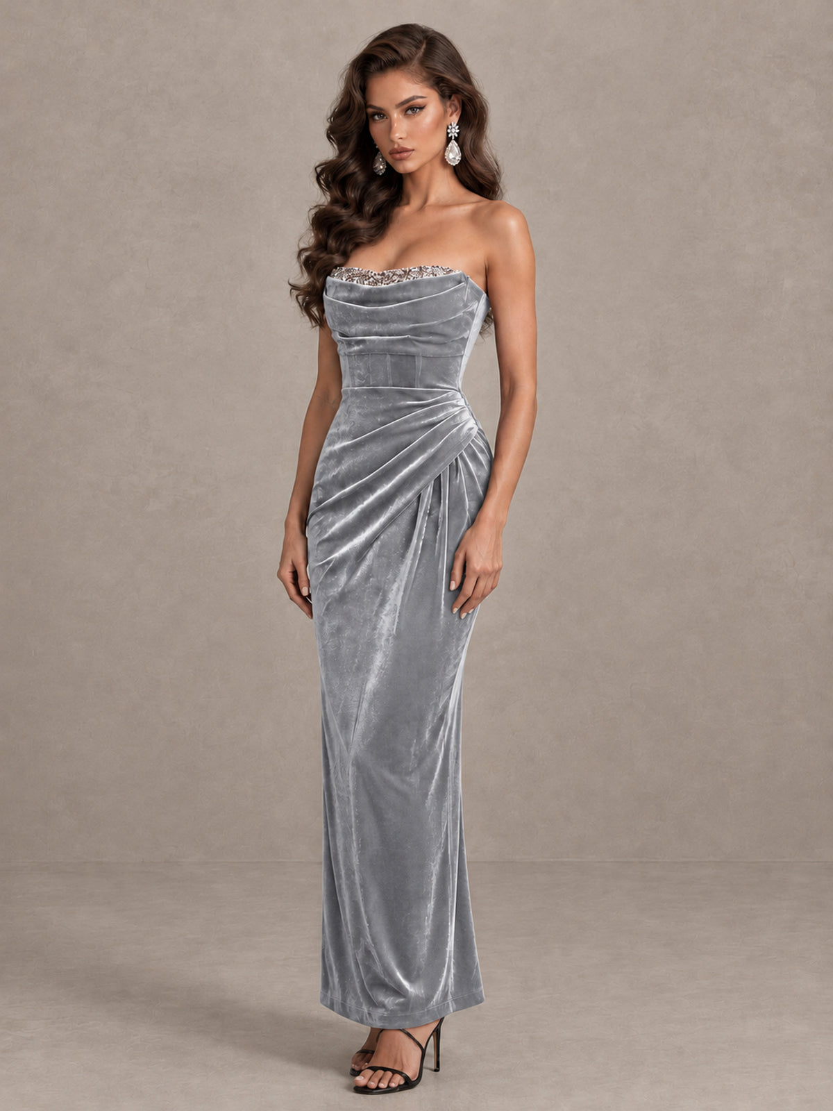BOLODOO Silver Strapless Velvet Cocktail Maxi Dress - Silver - Silver_3