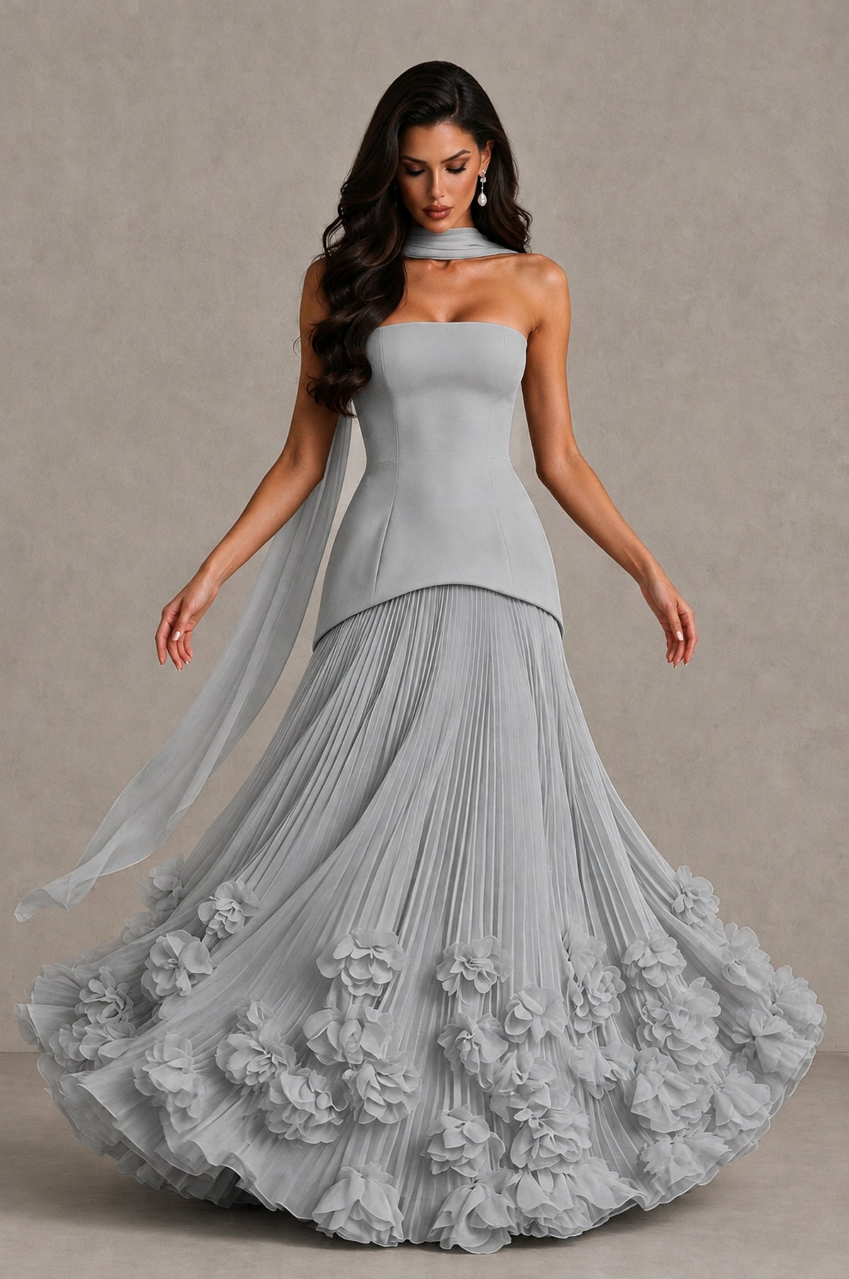 BOLODOO Silver Strapless Pleated Floral Hem Evening Gown - Silver - Silver_3