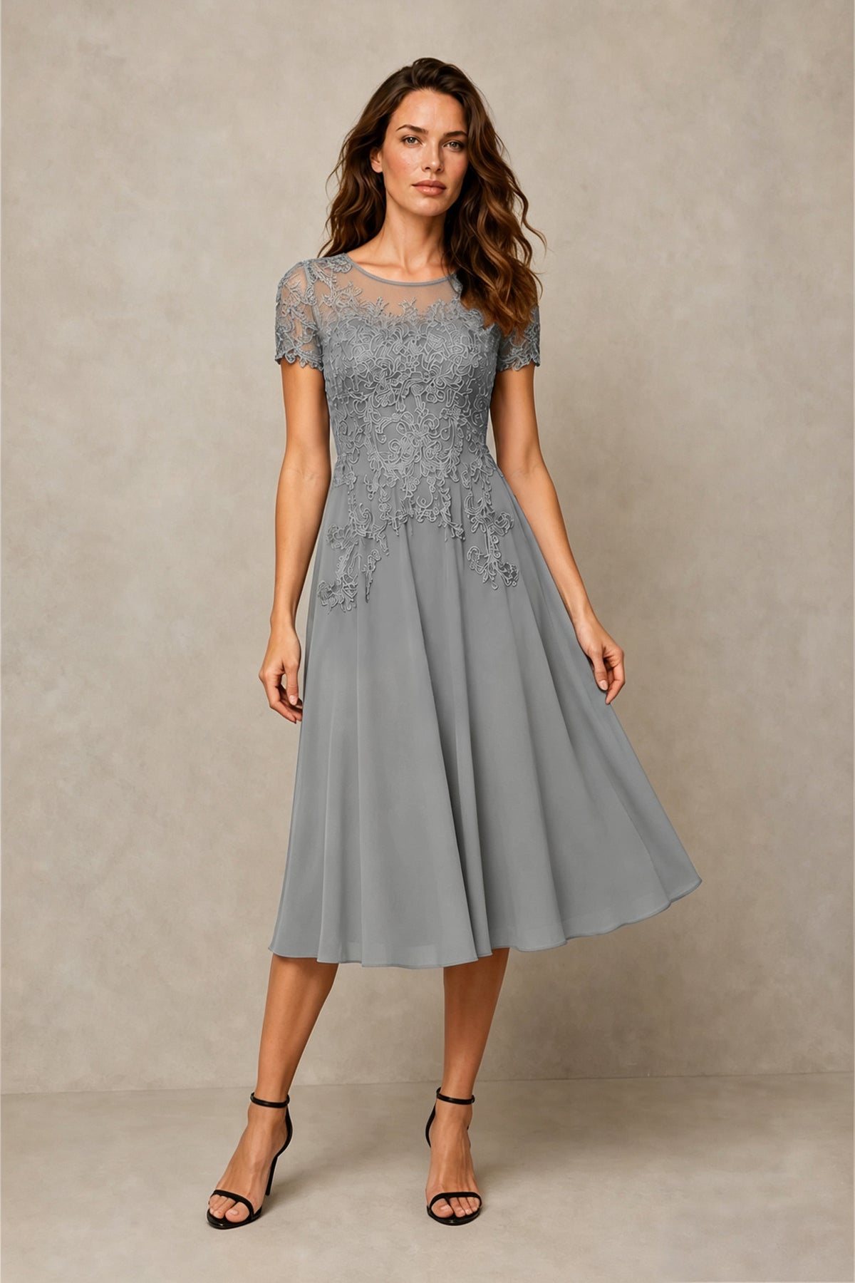 BOLODOO Steel Silver Beaded Lace Illusion Bodice Chiffon Tea-Length Dress | Mother of the Bride & Cocktail Party - Silver