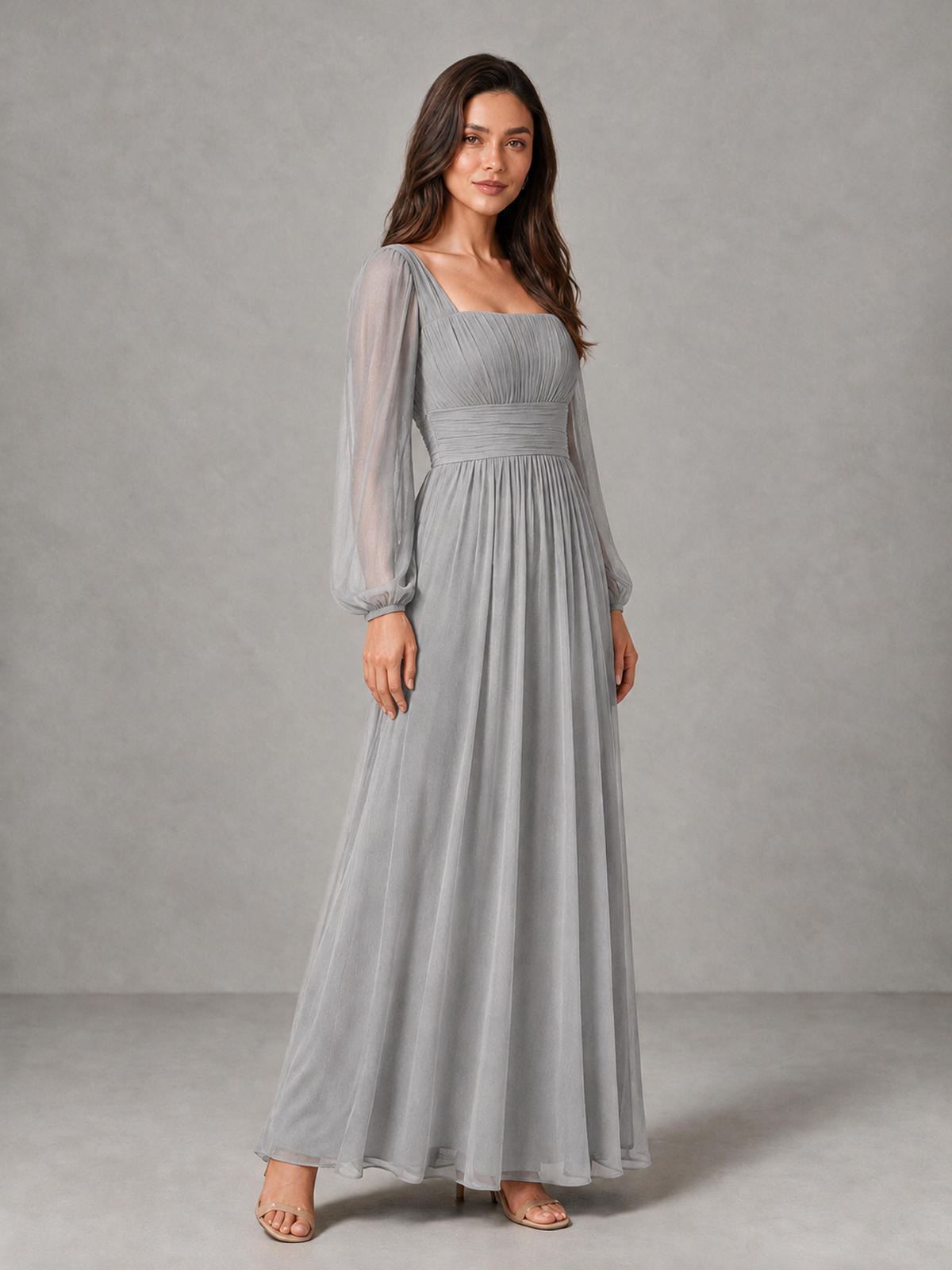 BOLODOO Silver Square Neck Long Sleeve Chiffon Bridesmaid Dress - Silver - Silver_3