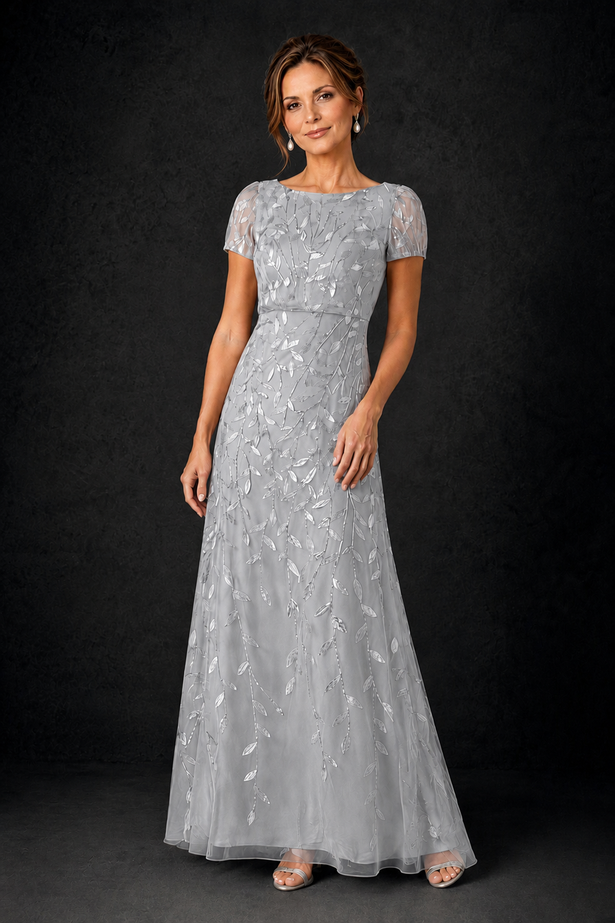 BOLODOO Silver Leaf Embroidered A-Line Formal Gown with Cap Sleeves - Silver - Silver_3