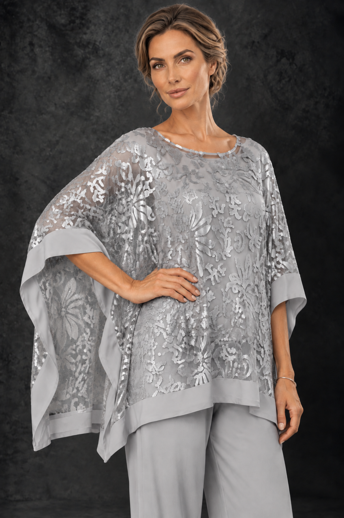 BOLODOO Silver Floral Cape Mother of the Bride Pant Suit - Silver - Silver_3