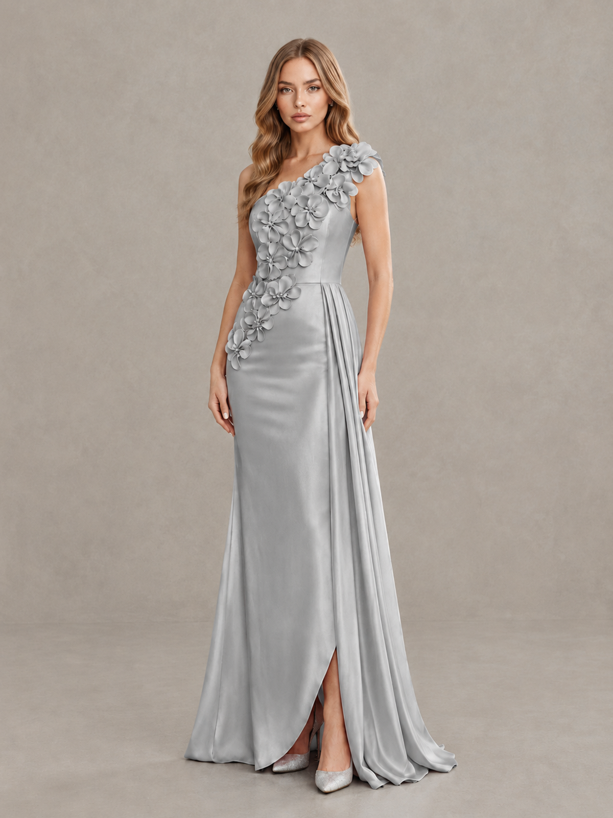 BOLODOO Silver One-Shoulder Satin Mermaid Evening Gown with 3D Floral Appliqué - Silver - Silver_3