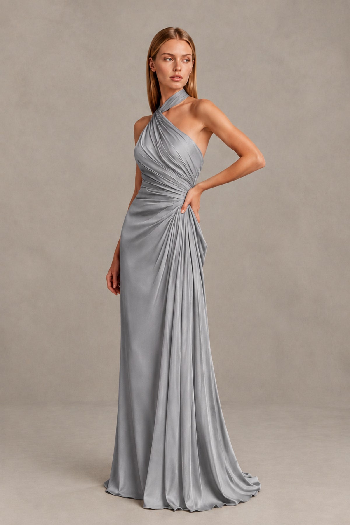 BOLODOO Silver Twisted Halter Neck Ruched Sleeveless Open Back Floor-Length Gown - Silver - Silver_3