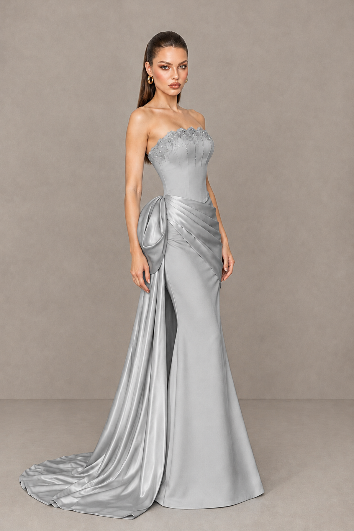 BOLODOO Silver Strapless Satin Prom Dress with Draped Side Train - Silver - Silver_3