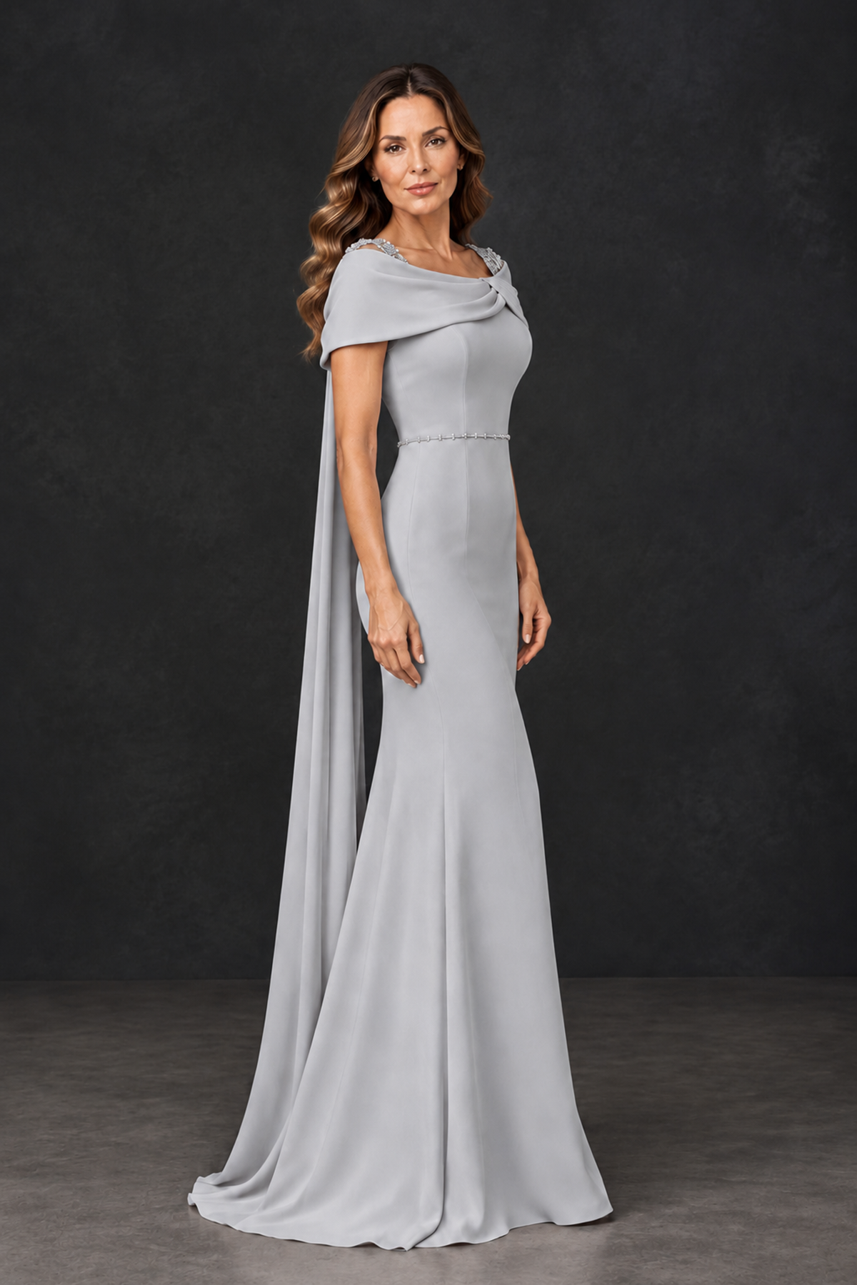 BOLODOO Silver Mother of the Bride Dress with Draped Cape Detail - Silver - Silver_3