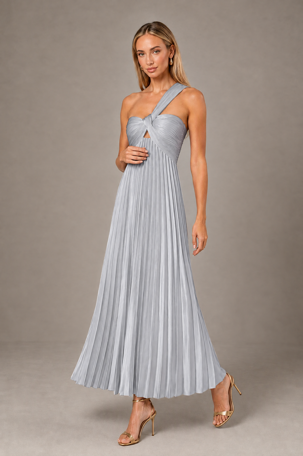 BOLODOO Silver One-Shoulder Twist Knot Pleated Satin Midi Dress with Cutout - Silver - Silver_3