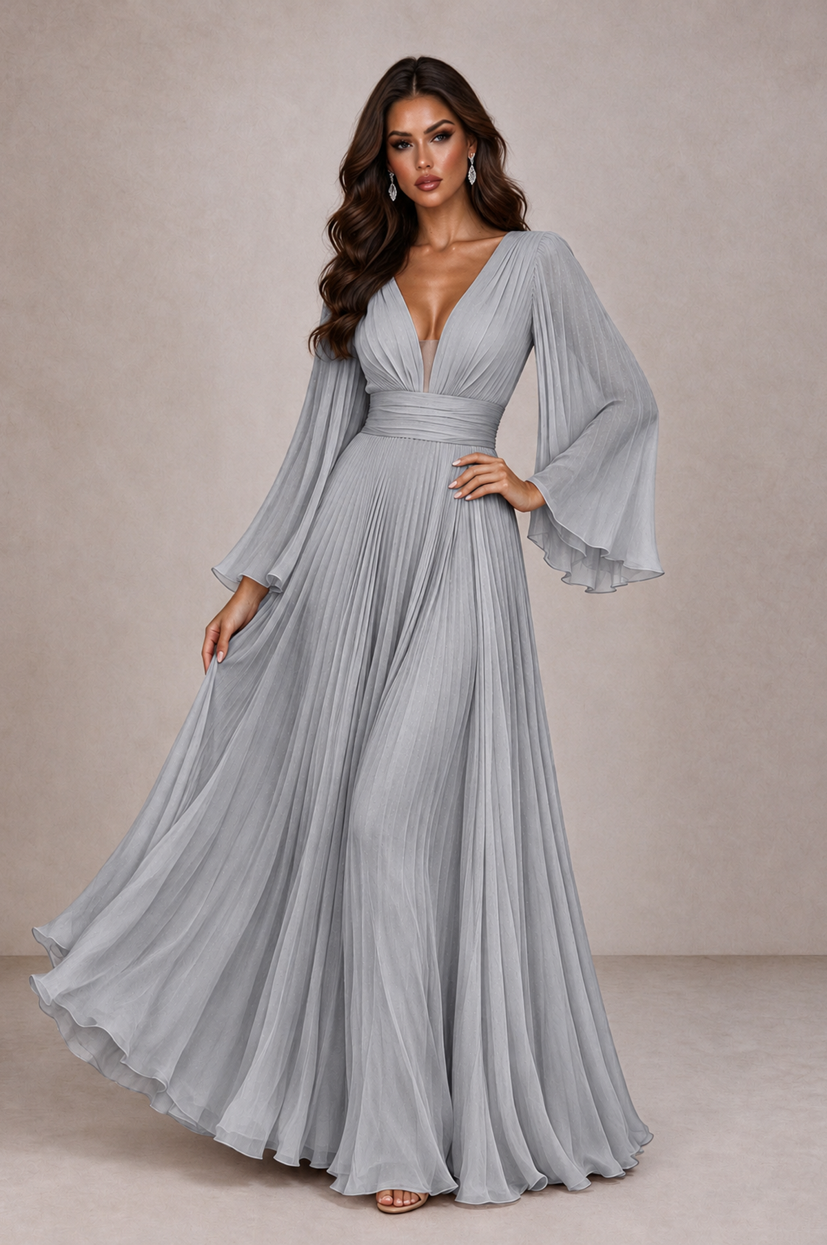 BOLODOO Silver Pleated Deep V-Neck Long Bell Sleeve Evening Dress - Silver - Silver_3