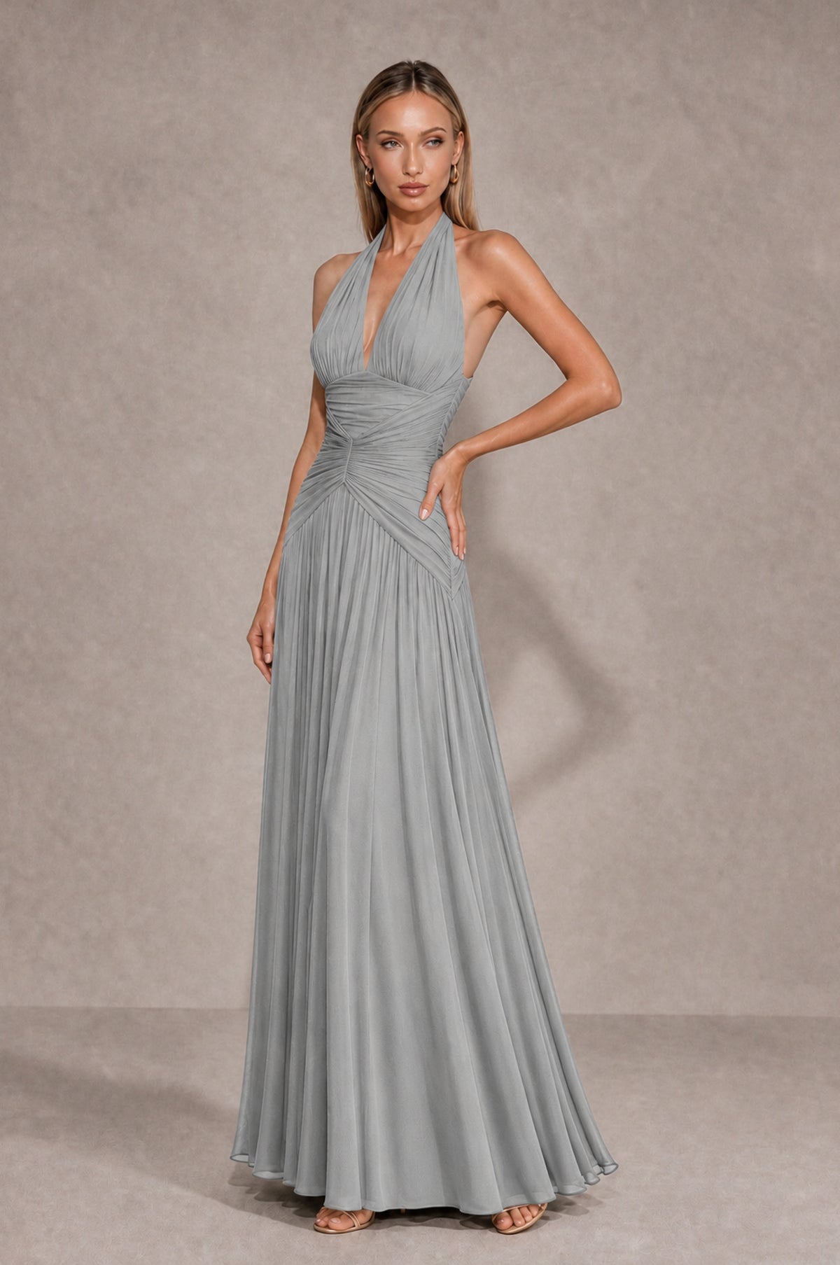 BOLODOO Silver Chiffon Halter Deep V-Neck Ruched A-Line Backless Maxi Dress with Train-BD0167 - Silver - Silver_3