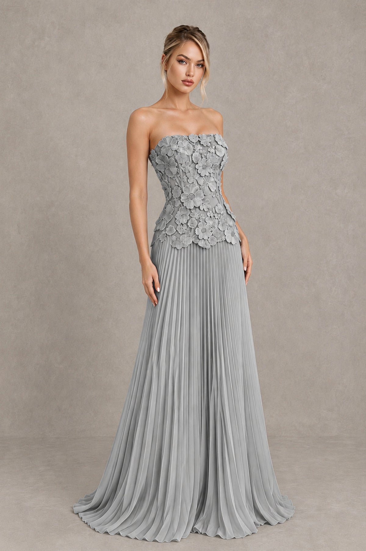 BOLODOO Silver Strapless Floral Applique Pleated Evening Dress - Silver - Silver_3