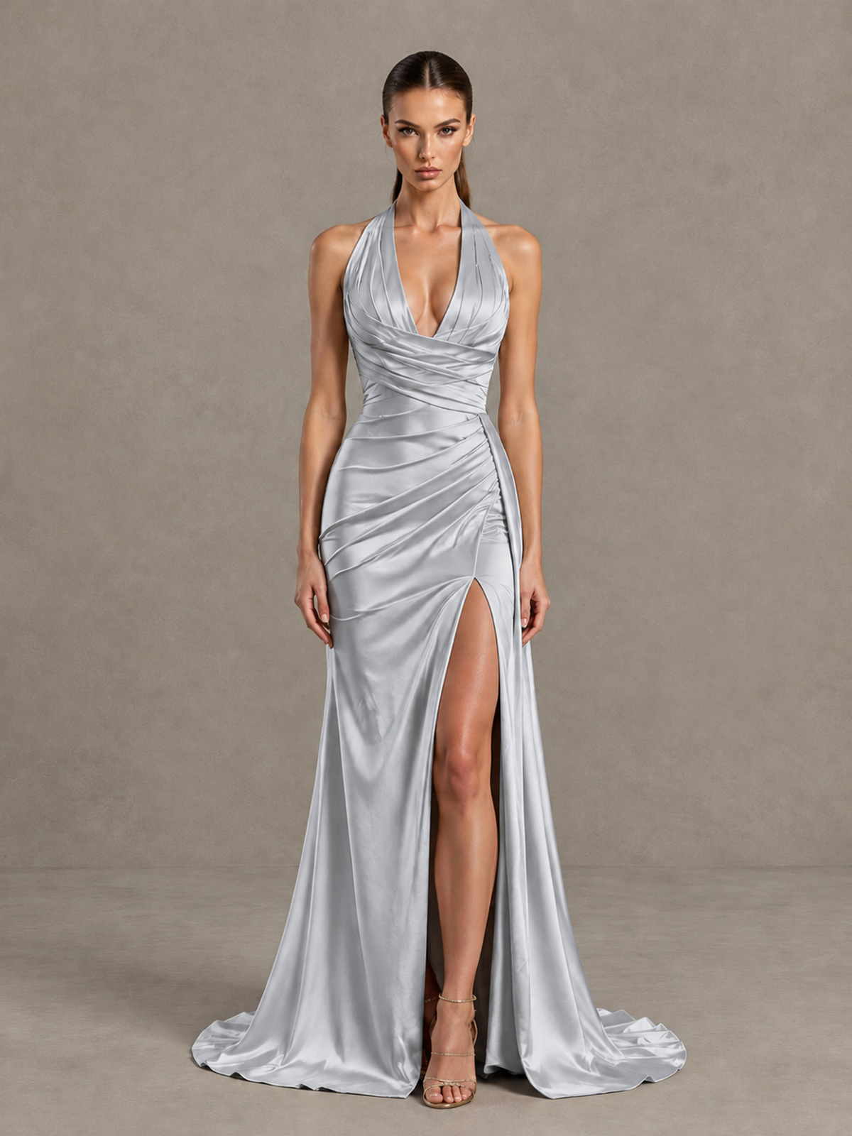 BOLODOO Silver Halter Satin Evening & Prom Dress with High Slit - Silver - Silver_3