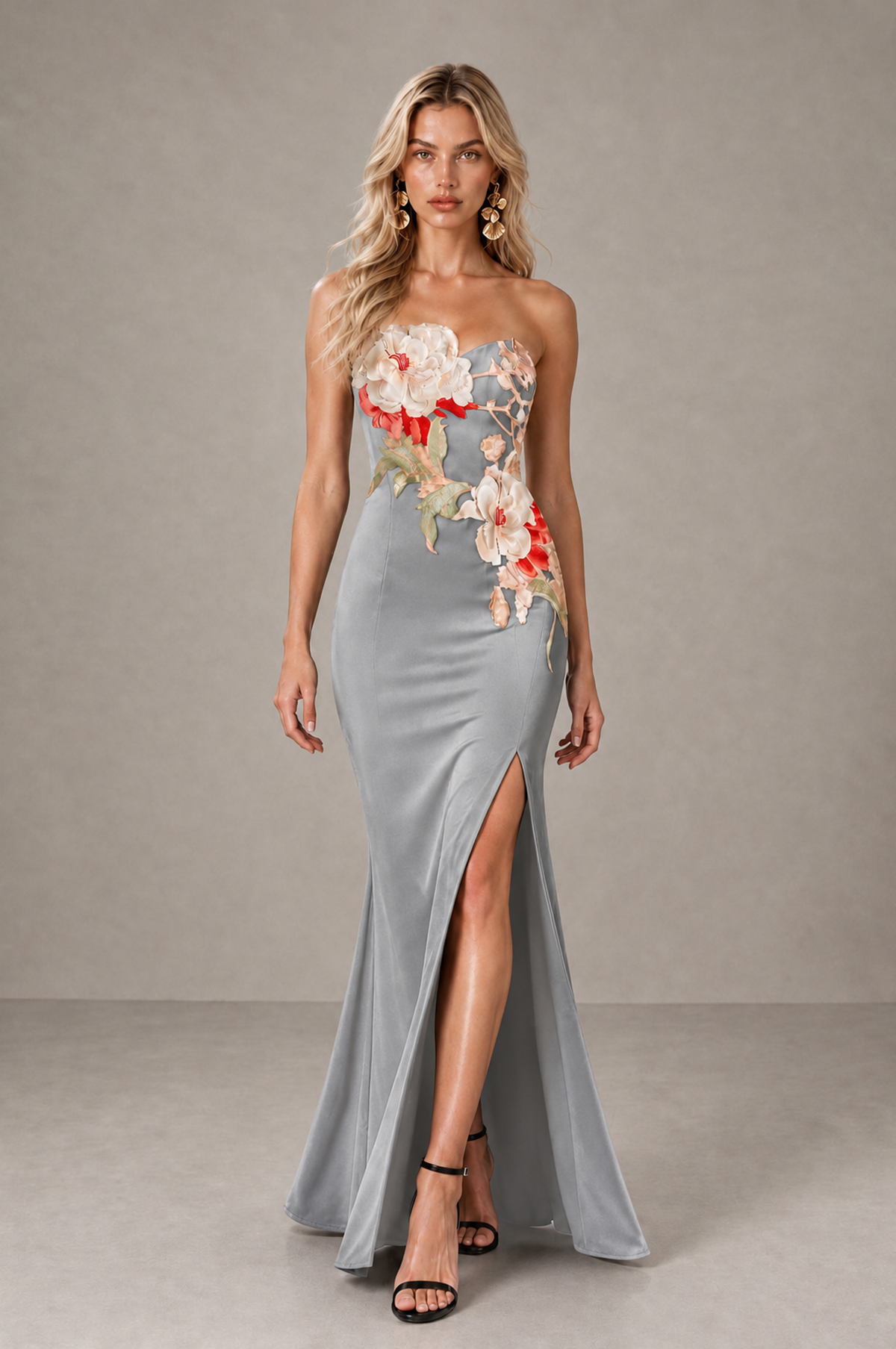 BOLODOO Silver Strapless Floral Mermaid Evening Dress with Slit - Silver - Silver_3