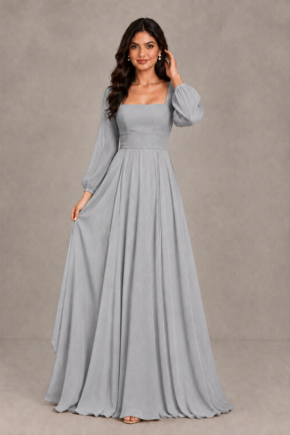 BOLODOO Silver Square Neck Long Sleeve A-Line Bridesmaid Dress - Silver - Silver_3